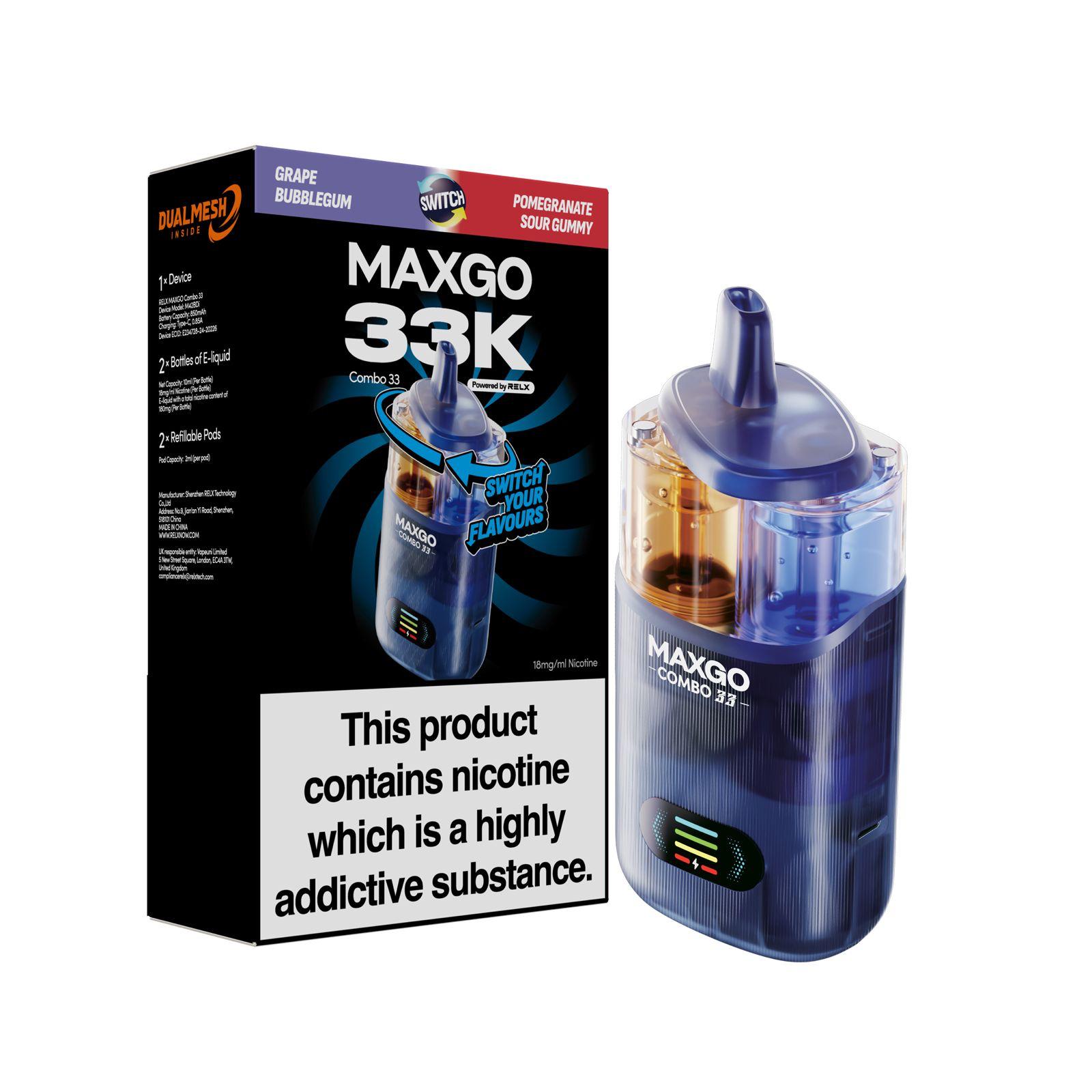 RELX Maxgo Combo 33K Disposable Vape Kit (Box of 5) Nicotine Salt E-Liquids Wholesale, Eco-Friendly Vape Kits Wholesale, CBD Disposable Vapes Wholesale, Bar Salts E-Liquid Wholesale, Dual-Use Vaporizers Wholesale