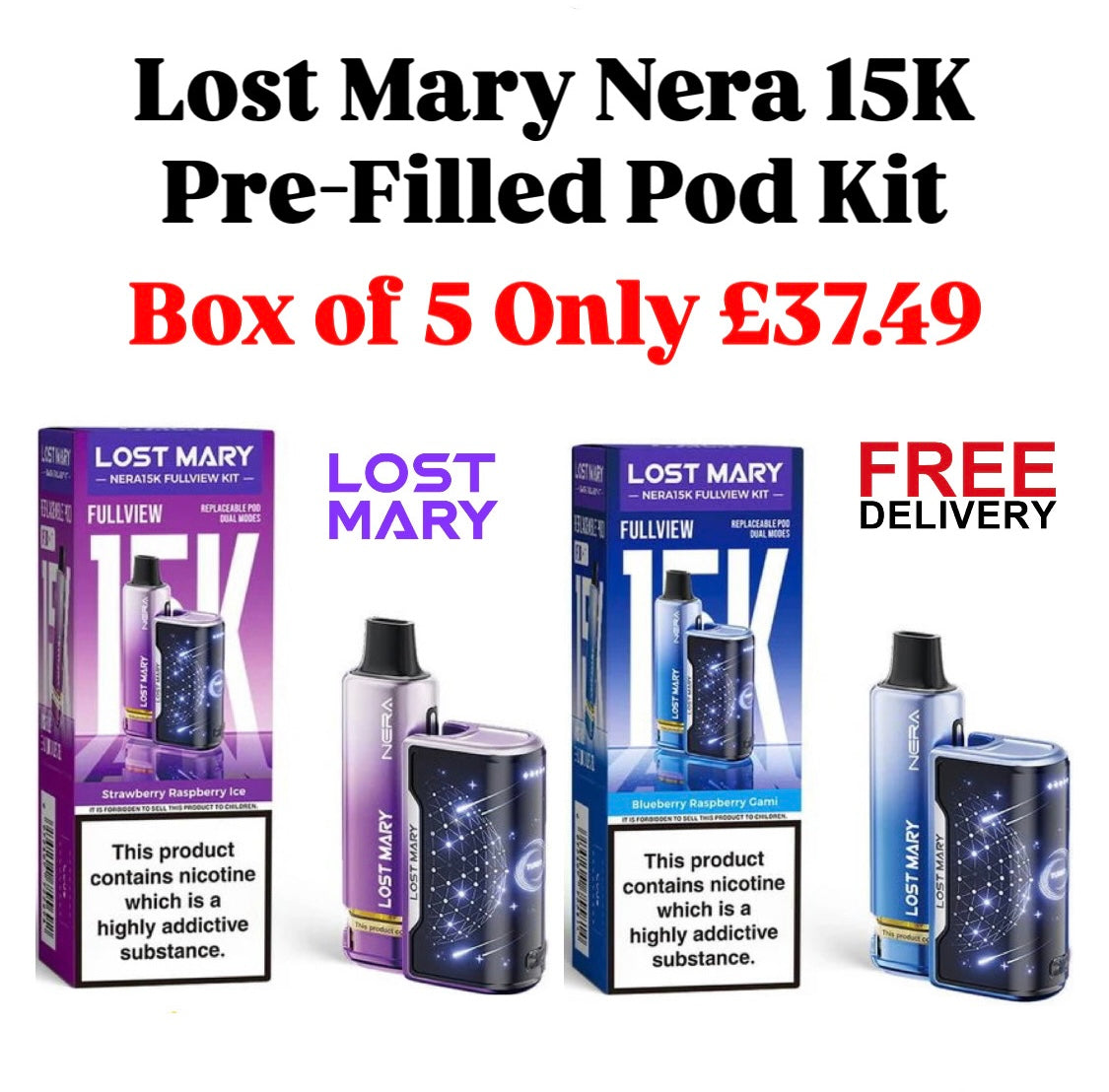 Lost Mary Nera 15K Prefilled Pod Kit – Box of 5 – Fullview Rechargeable Vape Device pod kit UK -