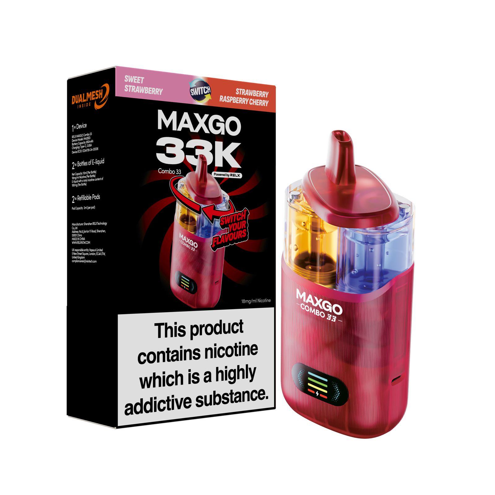 RELX Maxgo Combo 33K Disposable Vape Kit (Box of 5) Nicotine Salt E-Liquids Wholesale, Eco-Friendly Vape Kits Wholesale, CBD Disposable Vapes Wholesale, Bar Salts E-Liquid Wholesale, Dual-Use Vaporizers Wholesale