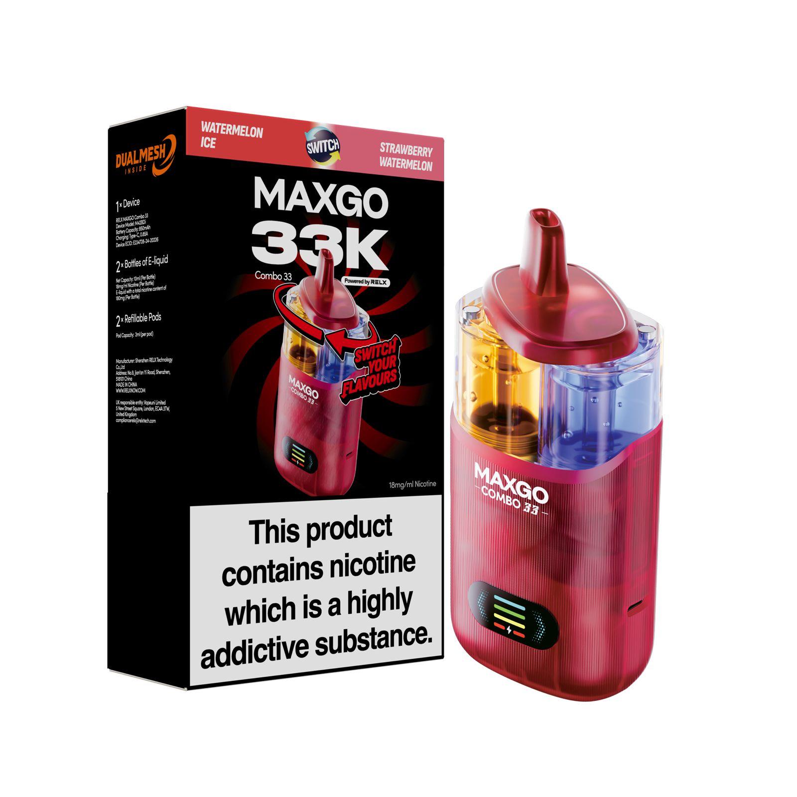 RELX Maxgo Combo 33K Disposable Vape Kit (Box of 5) Nicotine Salt E-Liquids Wholesale, Eco-Friendly Vape Kits Wholesale, CBD Disposable Vapes Wholesale, Bar Salts E-Liquid Wholesale, Dual-Use Vaporizers Wholesale