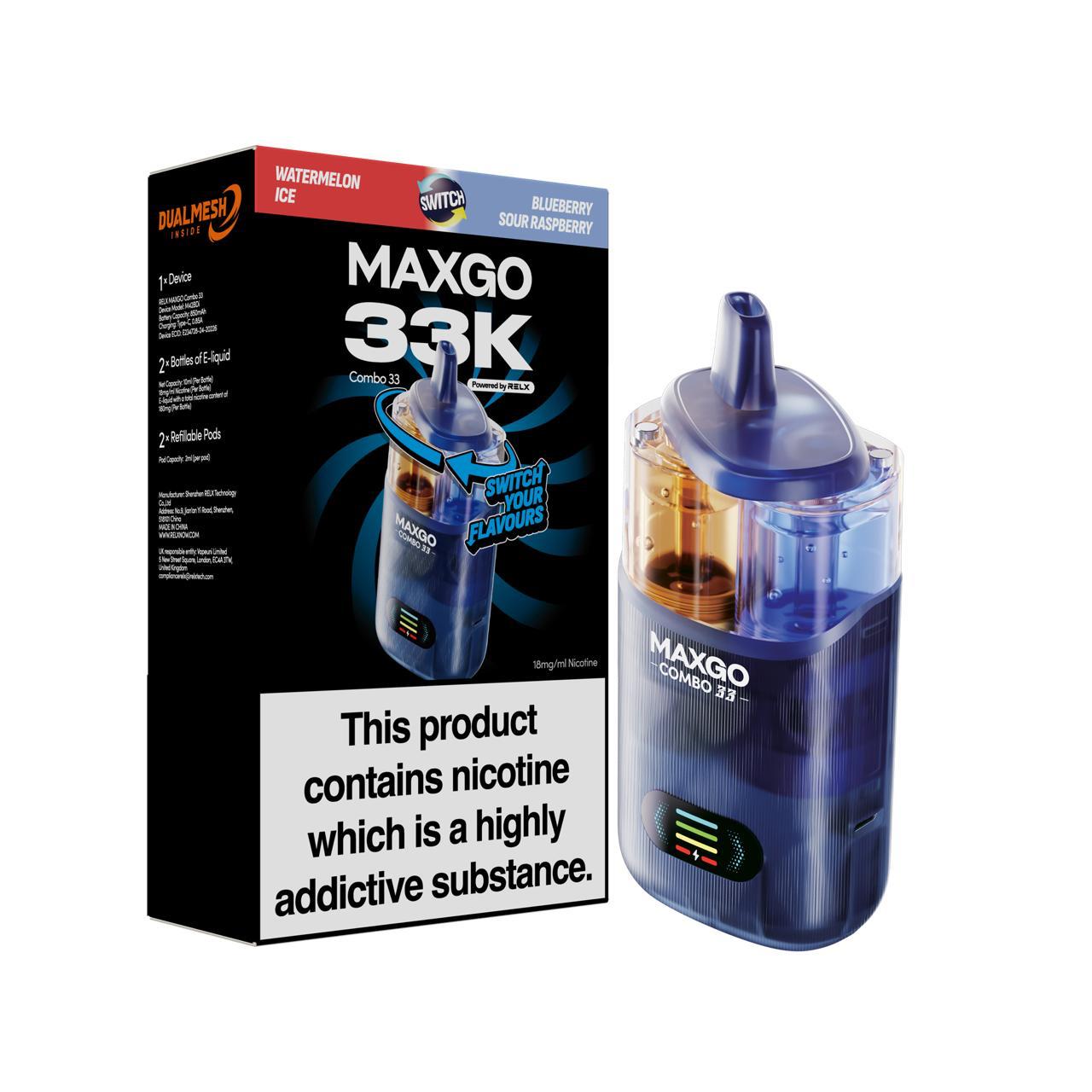 RELX Maxgo Combo 33K Disposable Vape Kit (Box of 5) Nicotine Salt E-Liquids Wholesale, Eco-Friendly Vape Kits Wholesale, CBD Disposable Vapes Wholesale, Bar Salts E-Liquid Wholesale, Dual-Use Vaporizers Wholesale